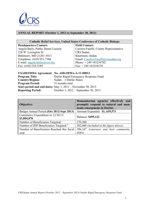 CRS/Sudan Annual Report (October 2012 – September 2013) Darfur Rapid Emergency Response Fund