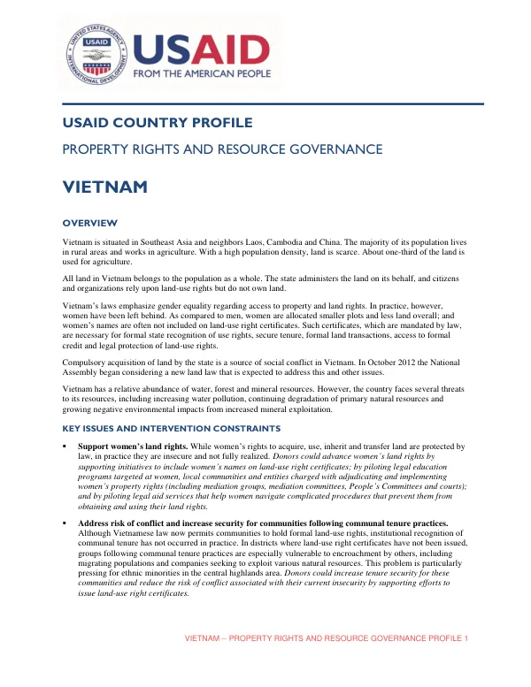 USAID COUNTRY PROFILE: PROPERTY RIGHTS AND RESOURCE GOVERNANCE IN VIETNAM