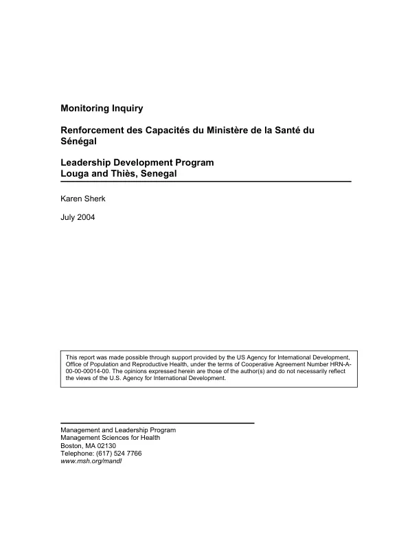 Monitoring inquiry : reinforcement des capacites du Ministere de la Sante du Senegal -- [Ministry of Health] leadership development program, Louga and Thies, Senegal