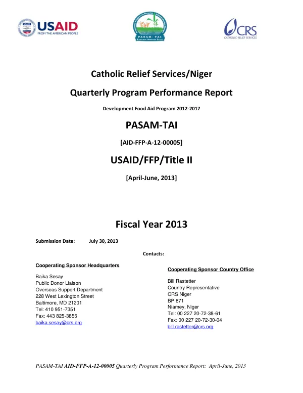 PASAM-TAI AID-FFP-A-12-00005 Quarterly Program Performance Report: April-June, 2013