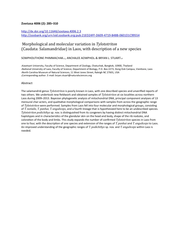 Morphological and molecular variation in Tylototriton (Caudata: Salamandridae) in Laos, with description of a new species