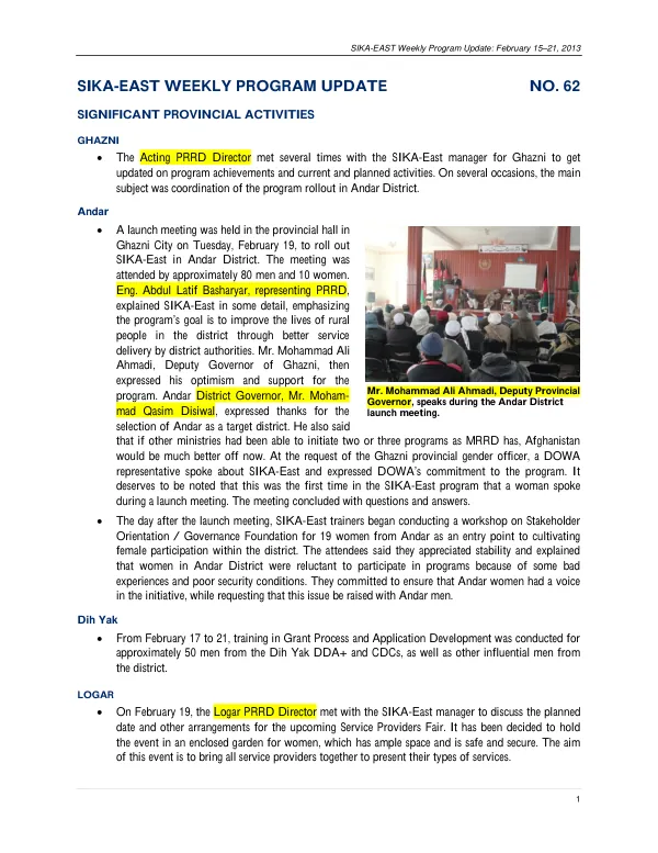 SIKA-EAST Weekly Program Update: February 15–21, 2013