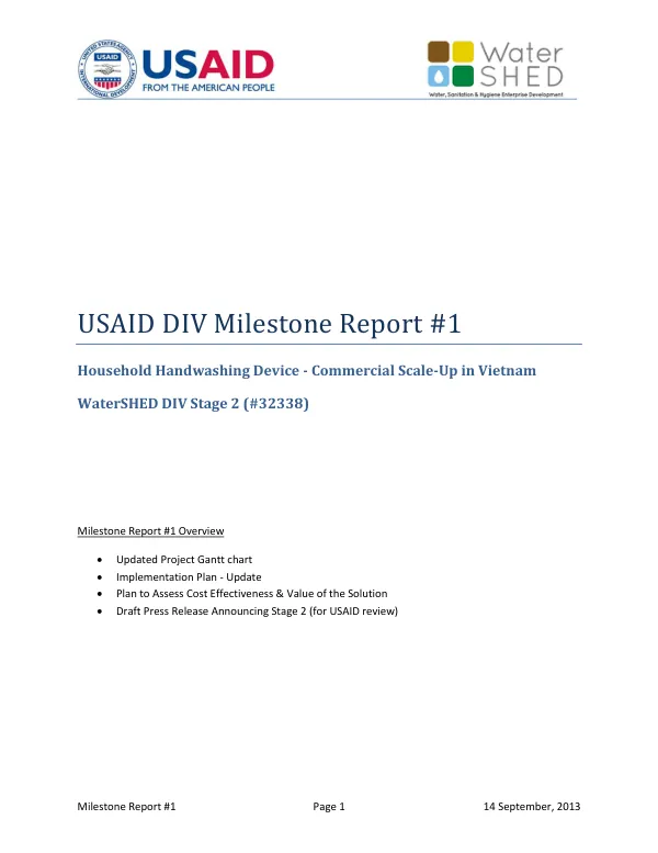 Milestone Report #1: Household Handwashing Device - Commercial Scale-Up in Vietnam