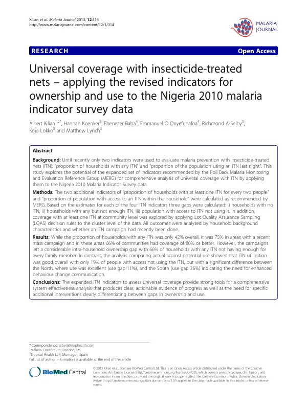 Universal coverage with insecticide-treated nets – applying the revised indicators for ownership and use to the Nigeria 2010 malaria indicator survey data