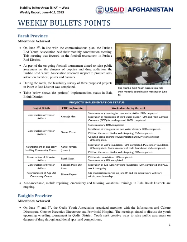 Stability in Key Areas (SIKA) – West Weekly Report, June 4-11, 2013