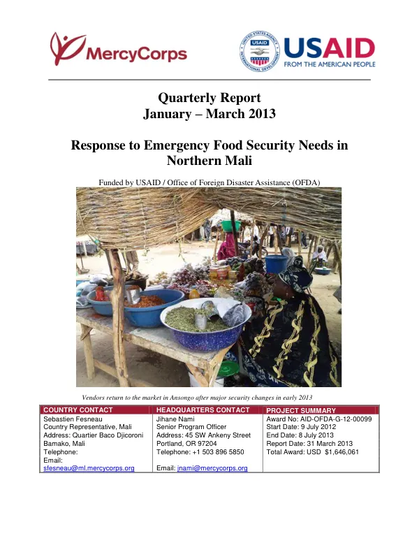 Quarterly Report: Response to Emergency Food Security Needs in Northern Mali - January-March 2013