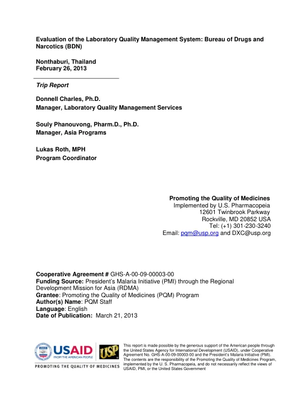 Evaluation of the Laboratory Quality Management System: Bureau of Drugs and Narcotics (BDN)