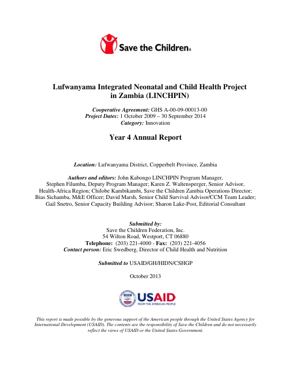 Lufwanyama Integrated Neonatal and Child Health Project in Zambia (LINCHPIN) Year 4 Annual Report