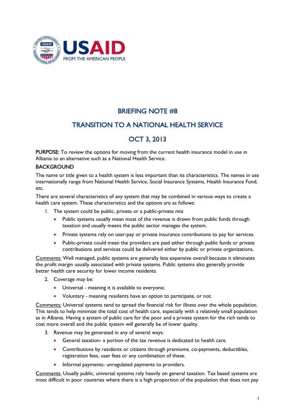 Transition to a National Health Service in Albania