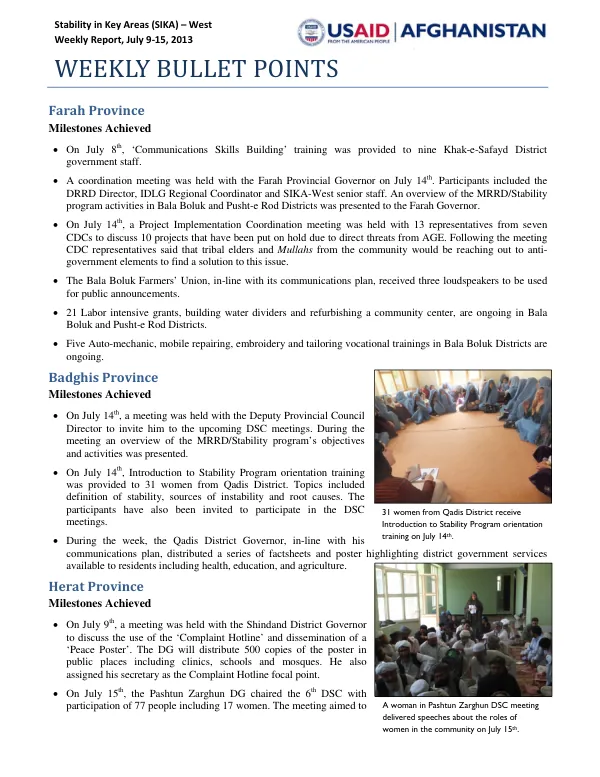 Stability in Key Areas (SIKA) – West Weekly Report, July 9-15, 2013