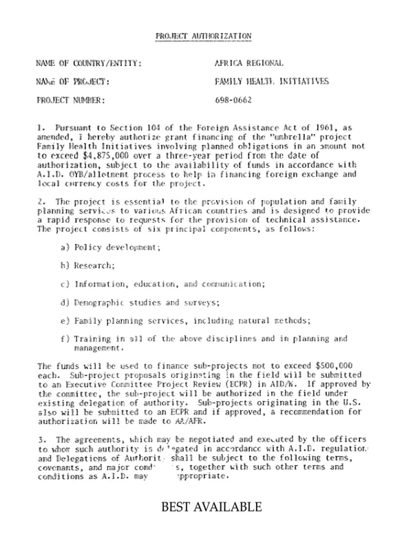 Authorization for Grant Financing of the Umbrella Project Family Planning Initiatives