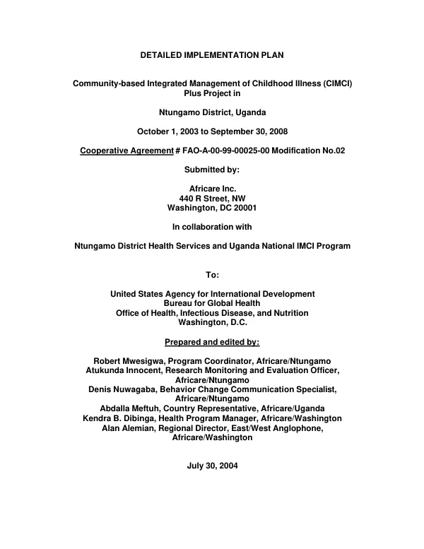 Detailed implementation plan : community-based integrated management of childhood illness (CIMCI) plus project in Ntungamo District, Uganda -- cooperative agreement # FAO-A-00-99-00025-00 modification no. 02