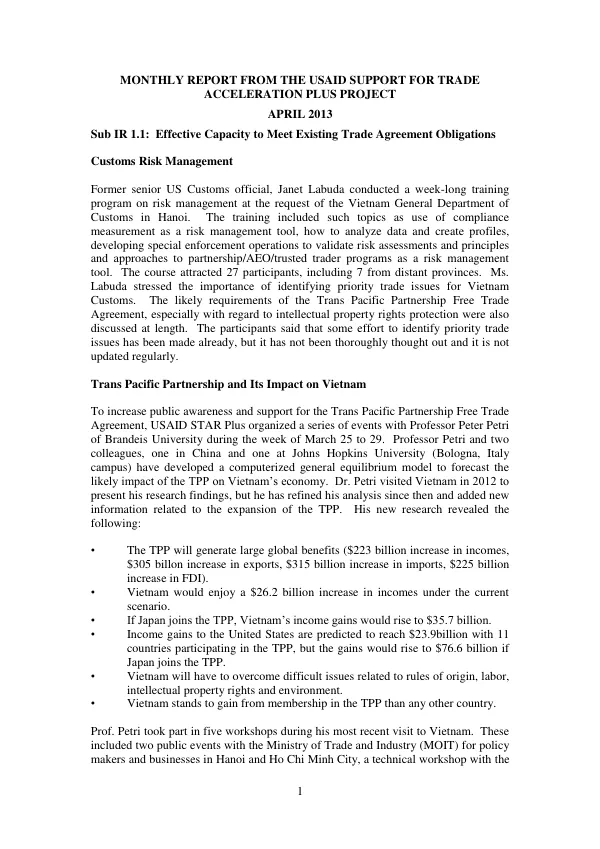 USAID STAR Plus Monthly Report April 2013