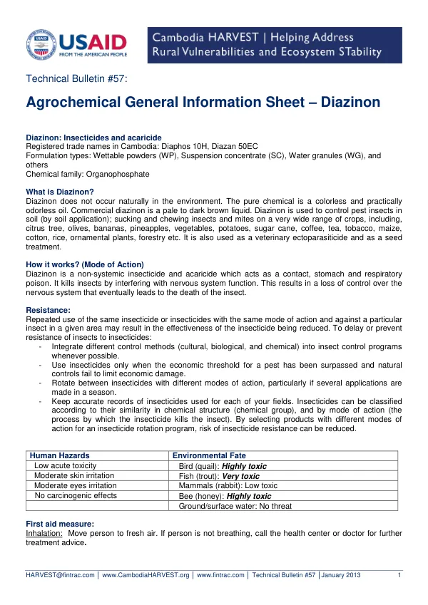 Technical Bulletin #57: Agrochemical General Information Sheet – Diazinon