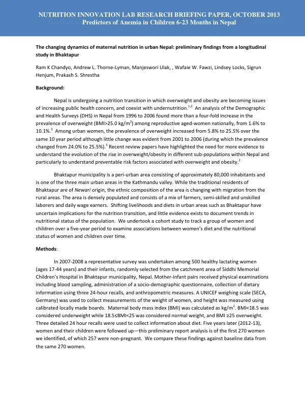 NUTRITION INNOVATION LAB RESEARCH BRIEFING PAPER, OCTOBER 2013: Predictors of Anemia in Children 6-23 Months in Nepal