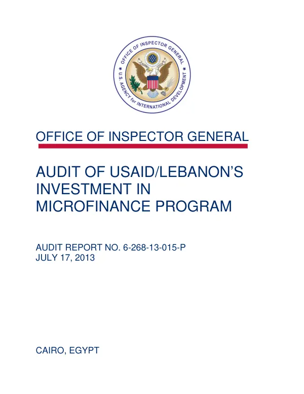 Audit of USAID/Lebanon's Investment in Microfinance Program
