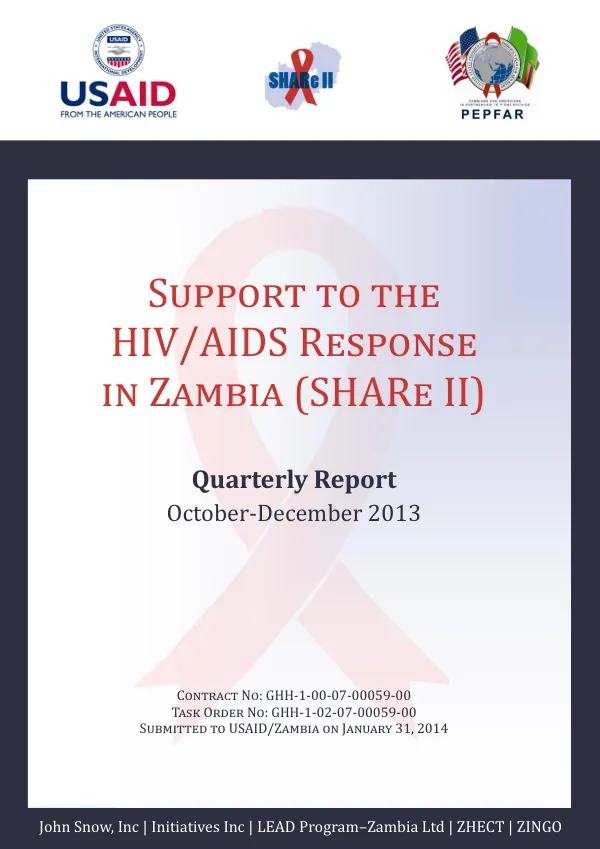 Quarterly Report: October-December 2013 - Support to the HIV/AIDS Response in Zambia (SHARe II)