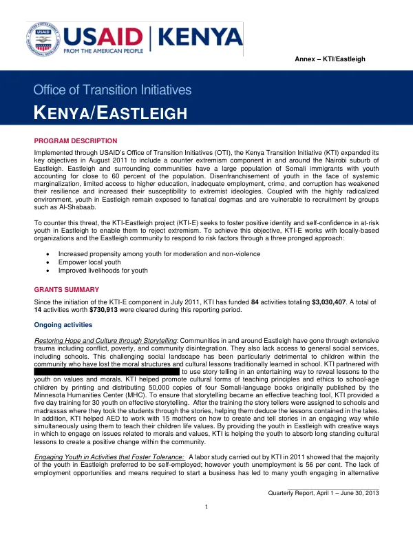 Quarterly Report, April 1 – June 30, 2013: Kenya Transition Initiative (KTI) - Eastleigh