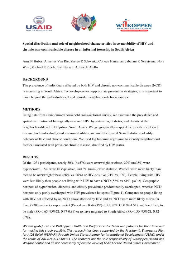 Spatial distribution and role of neighborhood characteristics in co-morbidity of HIV and chronic non-communicable disease in an informal township in South Africa