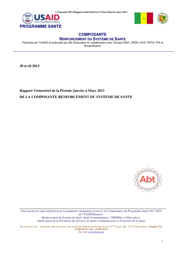 Rapport Trimestriel de la Période Janvier à Mars 2013 de la Composante RENFORCEMENT DU SYSTEME DE SANTE
