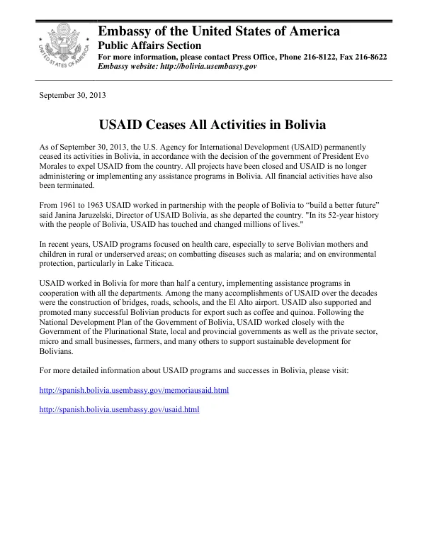 USAID Ceases All Activities in Bolivia