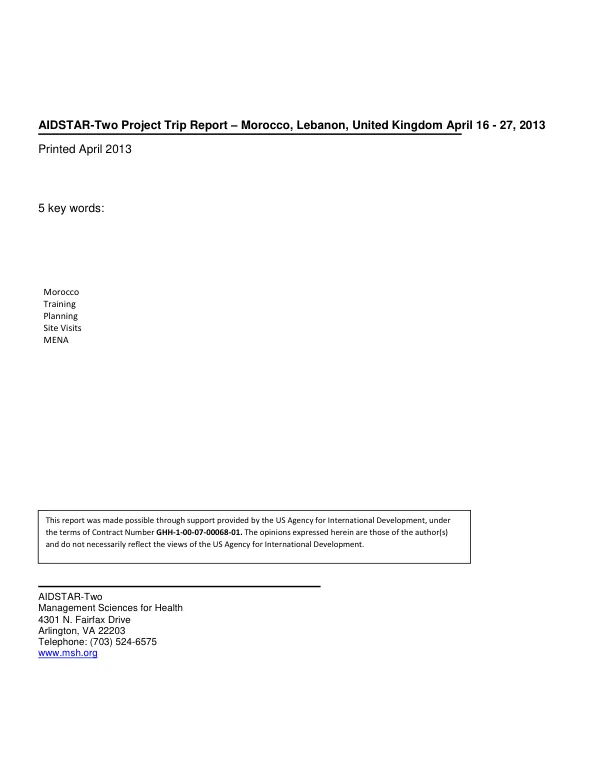 AIDSTAR-Two Project Trip Report – Morocco, Lebanon, United Kingdom April 16 - 27, 2013