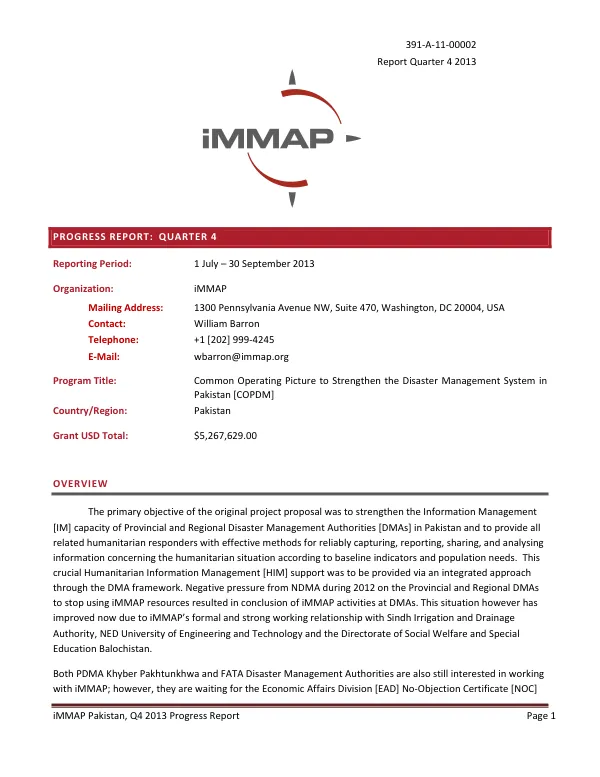 iMMAP Pakistan, Q4 2013 Progress Report