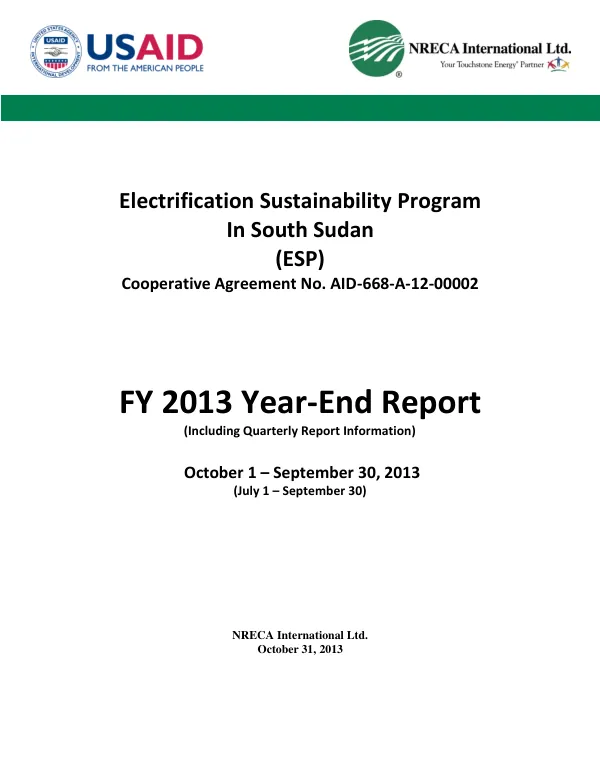 Electrification Sustainability Program In South Sudan (ESP) Year-End Report - FY 2013