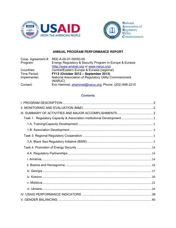 Annual Program Performance Report: Energy Regulatory & Security Program in Europe & Eurasia
