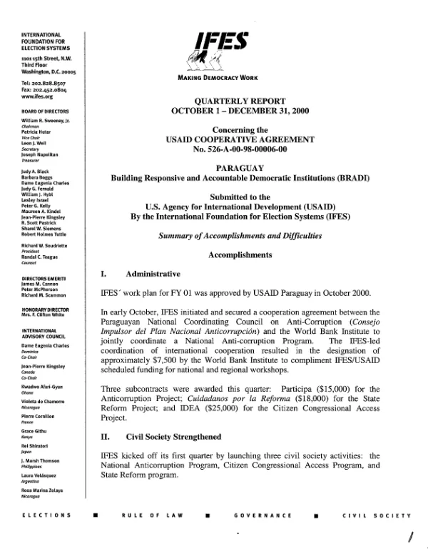 Quarterly report : October 1-December 31,2000 -- concerning the USAID cooperative agreement no. 526-A-00-98-00006-00 : Paraguay -- building responsive and accountable democratic institutions (BRADI) : summary of accomplishments and difficulties