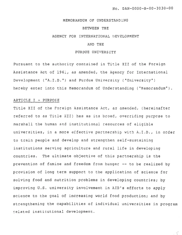 Memorandum of Understanding Between the Agency for International Development and the Purdue University
