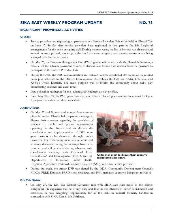 SIKA-EAST Weekly Program Update: May 24–30, 2013