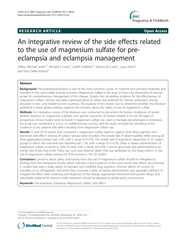 An integrative review of the side effects related to the use of magnesium sulfate for pre-eclampsia and eclampsia management