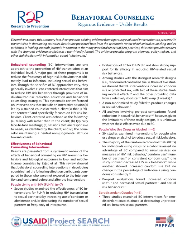 Behavioral Counseling: Rigorous Evidence – Usable Results
