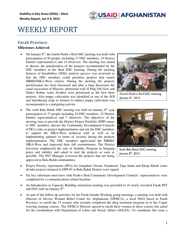 Stability in Key Areas (SIKA) – West Weekly Report, Jan 3-9, 2013