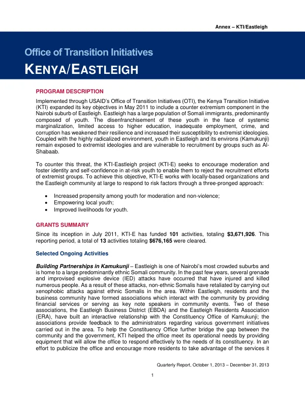 Quarterly Report, October 1, 2013 – December 31, 2013