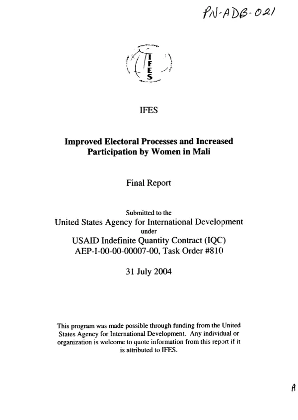 Improved electoral processes and increased participation by women in Mali : final report