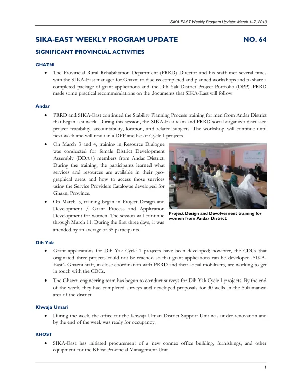 SIKA-EAST Weekly Program Update: March 1–7, 2013