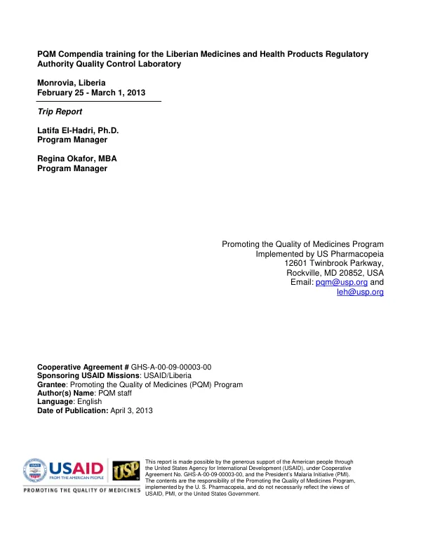 Trip Report: PQM Compendia Training for the Liberian Medicines and Health Products Regulatory Authority Quality Control Laboratory