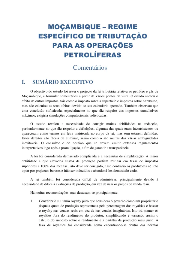 Moçambique – Regime Específico de Tributação Para As Operações Petrolíferas
