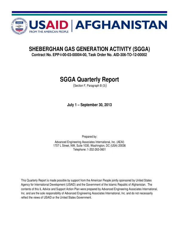 Sheberghan Gas Generation Activity (SGGA) Quarterly Report