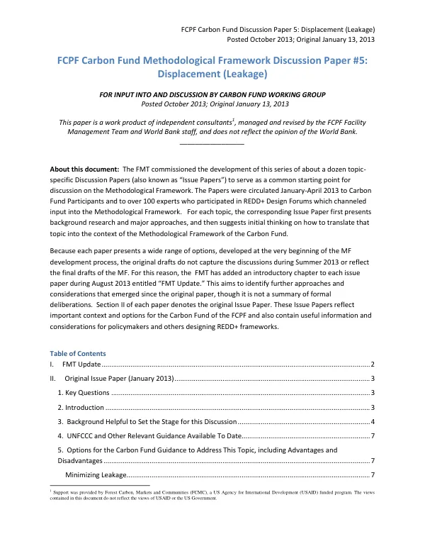 FCPF Carbon Fund Discussion Paper 5: Displacement (Leakage)