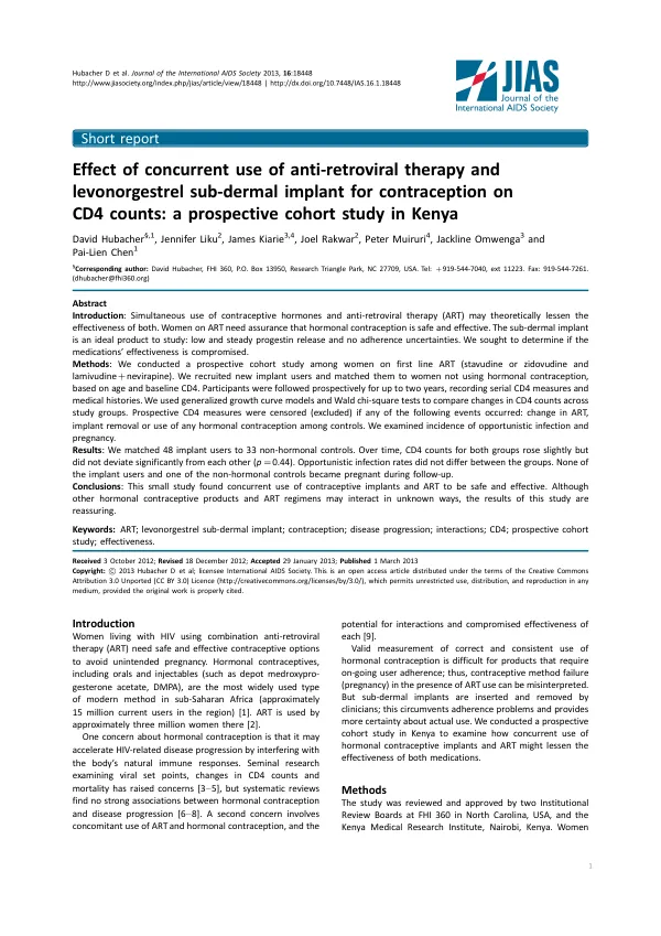 Effect of concurrent use of anti-retroviral therapy and levonorgestrel sub-dermal implant for contraception on CD4 counts: a prospective cohort study in Kenya