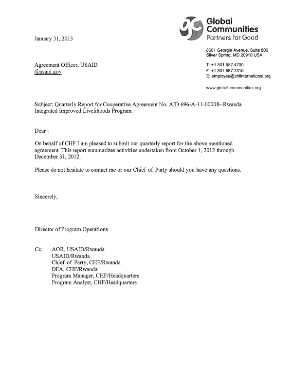 Quarterly Report for Cooperative Agreement No. AID 696-A-11-00008--Rwanda Integrated Improved Livelihoods Program