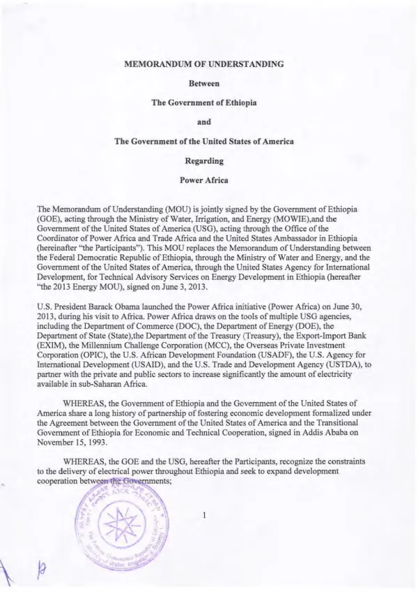 Memorandum of Understanding Between The Government of Ethiopia and The Government of the United States of America Regarding Power Africa