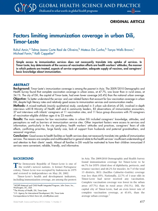 Factors limiting immunization coverage in urban Dili, Timor-Leste