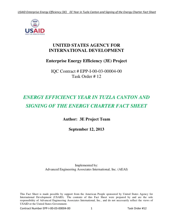 USAID Enterprise Energy Efficiency (3E) EE Year in Tuzla Canton and Signing of the Energy Charter Fact Sheet