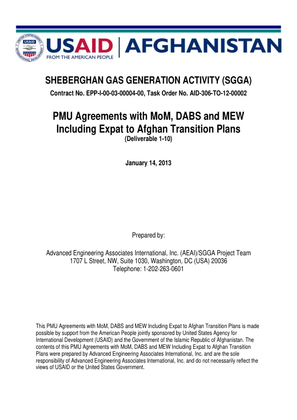 Sheberghan Gas Generation Activity (SGGA) PMU Agreements with MoM, DABS and MEW