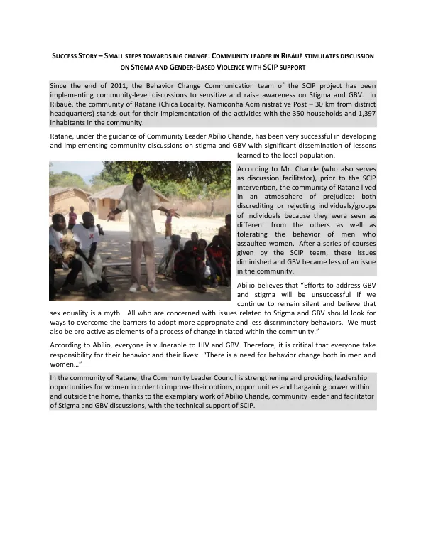 Success Story – Small Steps Towards Big Change: Community Leader in Ribáuè Stimulates Discussion on Stigma and Gender-Based Violence with SCIP Support