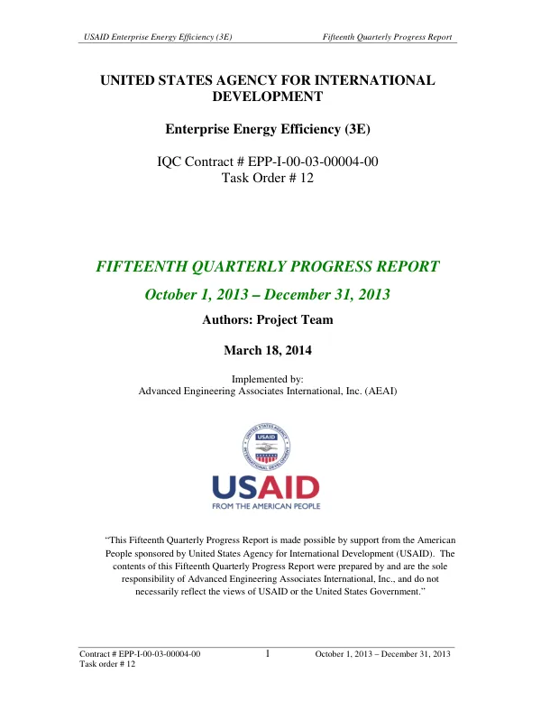 Fifteenth Quarterly Progress Report: Enterprise Energy Efficiency (3E)